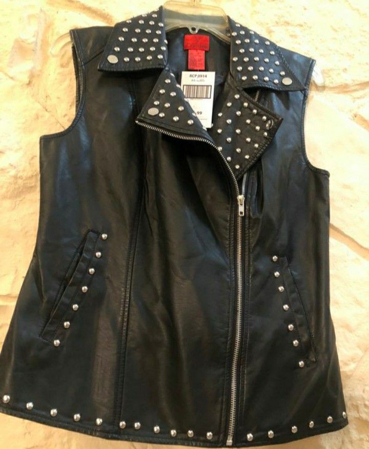 New! V Cristina Black Studded Faux Leather Vest