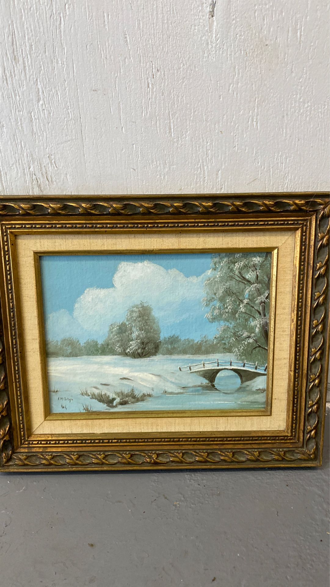 A. McIntyre Oil painting on board sign snow Riverwoods landscape carved wood frame 16 inches wide by 14 inches tall