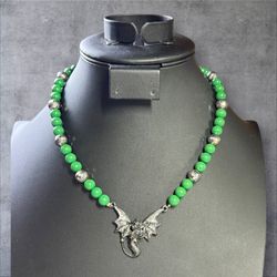 Vintage Green Glass Beaded Necklace Dragon Pendant