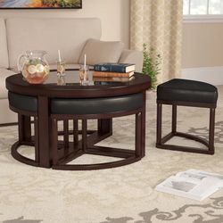 Brown Round Coffee Table With Nested Stools