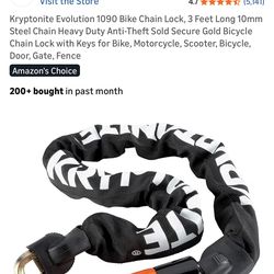 Kryptonite Evolution 1090 Bike Chain Lock, 3 Feet Long 10mm Steel Chain Heavy Duty Anti-Theft Sold Secure Gold Bicycle Chain Lock with Keys for Bike,
