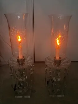 Pair of 20in Vintage Crystal Hurricane Lamps — Hollywood Regency