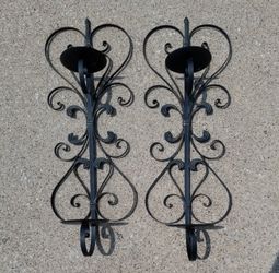 Set of 2 Black Iron Heart Scroll Wall Sconces Pillar 4 Candles  Holders 29" Tall
