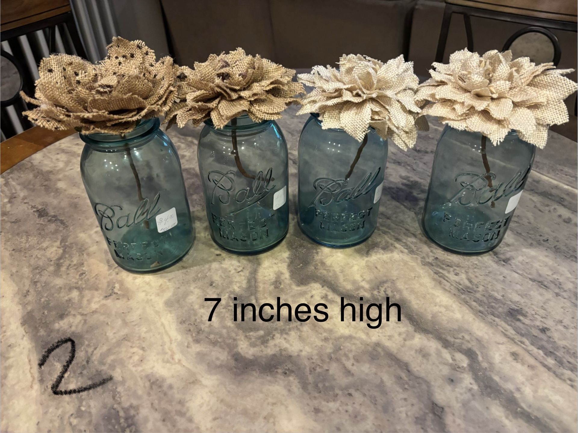 4 Mason Jars With Burlap Flowers