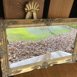 Vintage Antique Gold Carved Wood Mirror Wall Gilt Baroque Mid Century Long Wide 44” 