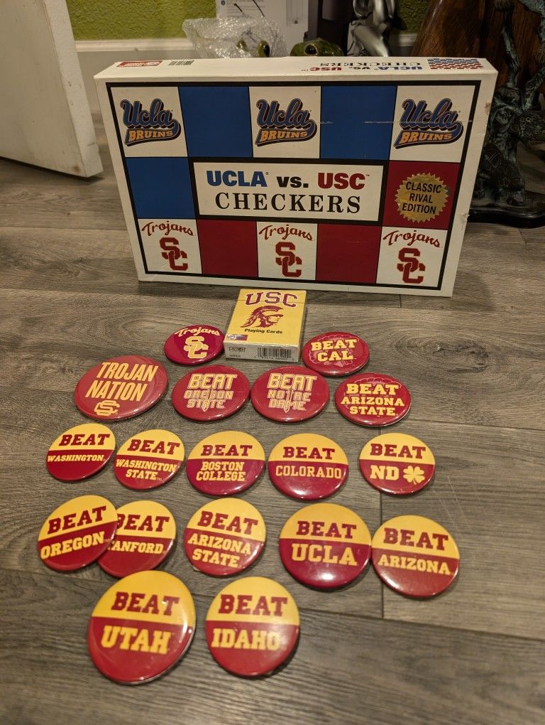 UCLA vs USC vintage checkers, unopened USC Playing Cards, + 18 USC like New buttons.