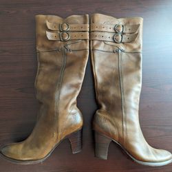 Women's Brown Frye Leather HIGH Heeled Boots Size 6 1/2B Used 