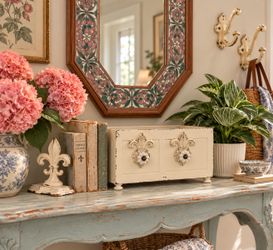 Vintage LOT 4 Distressed cream cast iron fleur-de-lis French Cottage Decor ALL Bookend Wall Hooks Box