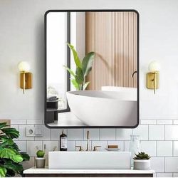 New 24 Inch x 30 Inch Black Metal Framed Bathroom Mirror Medicine Cabinet Rectangle Tilting Beveled