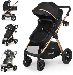 6-in-1 Convertible Baby Stroller with Bassinet Pushchair - Folding Infant Newborn Stroller w/Footmuff, Rain Cover, Cup Holder & Large Storage, Toddler