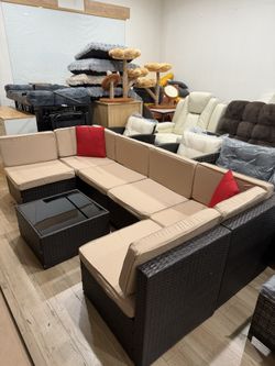7 Pieces Patio Furniture Sets Outdoor Rattan Sectional Sofa PE Rattan Manual Weaving Wicker Patio Conversation Set with Glass Table&Ottoman Cushion an