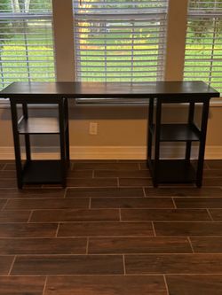 Dark Brown Wood Desk with Side Shelves
