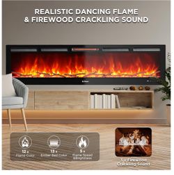 60” 1500W Smart WiFi Infrared Electric 3D Fireplace Sound Crackling Realistic Flame Quartz Heater Recessed Wall Mounted