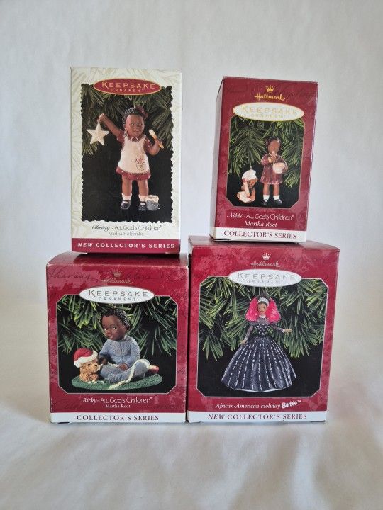 Lot Of 4•All God's Children Plus Holiday Barbie•1996-1998 Hallmark Ornaments