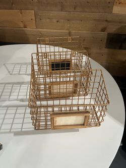 Gold Wire Tiered Desk Organizer with Wood Accents