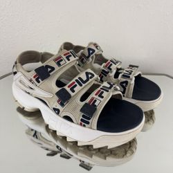 FILA White Red Navy Logo Disruptor Triple Hook & Loop Chunky Platform Sandals