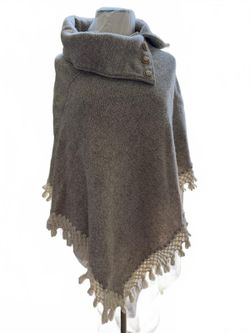 Women’s Gray Wool Blend Poncho Buttoned Collar Tassel Trim M