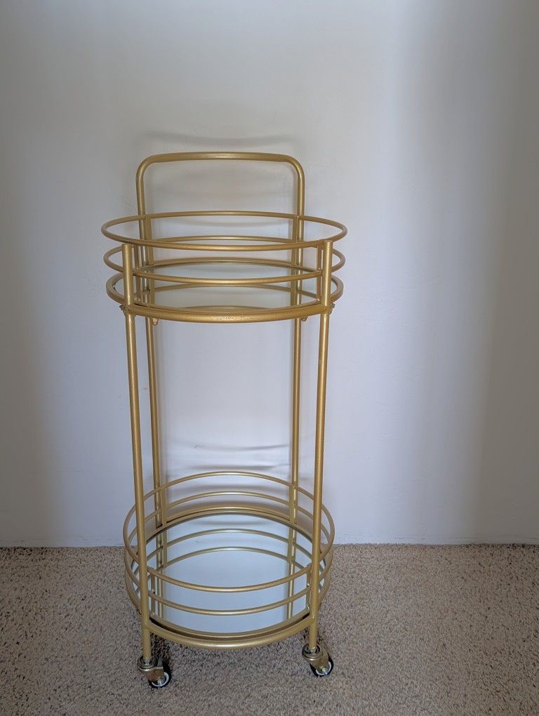 New Gold Bar Cart, 2 Tiers, Mirror Shelves, On Wheels