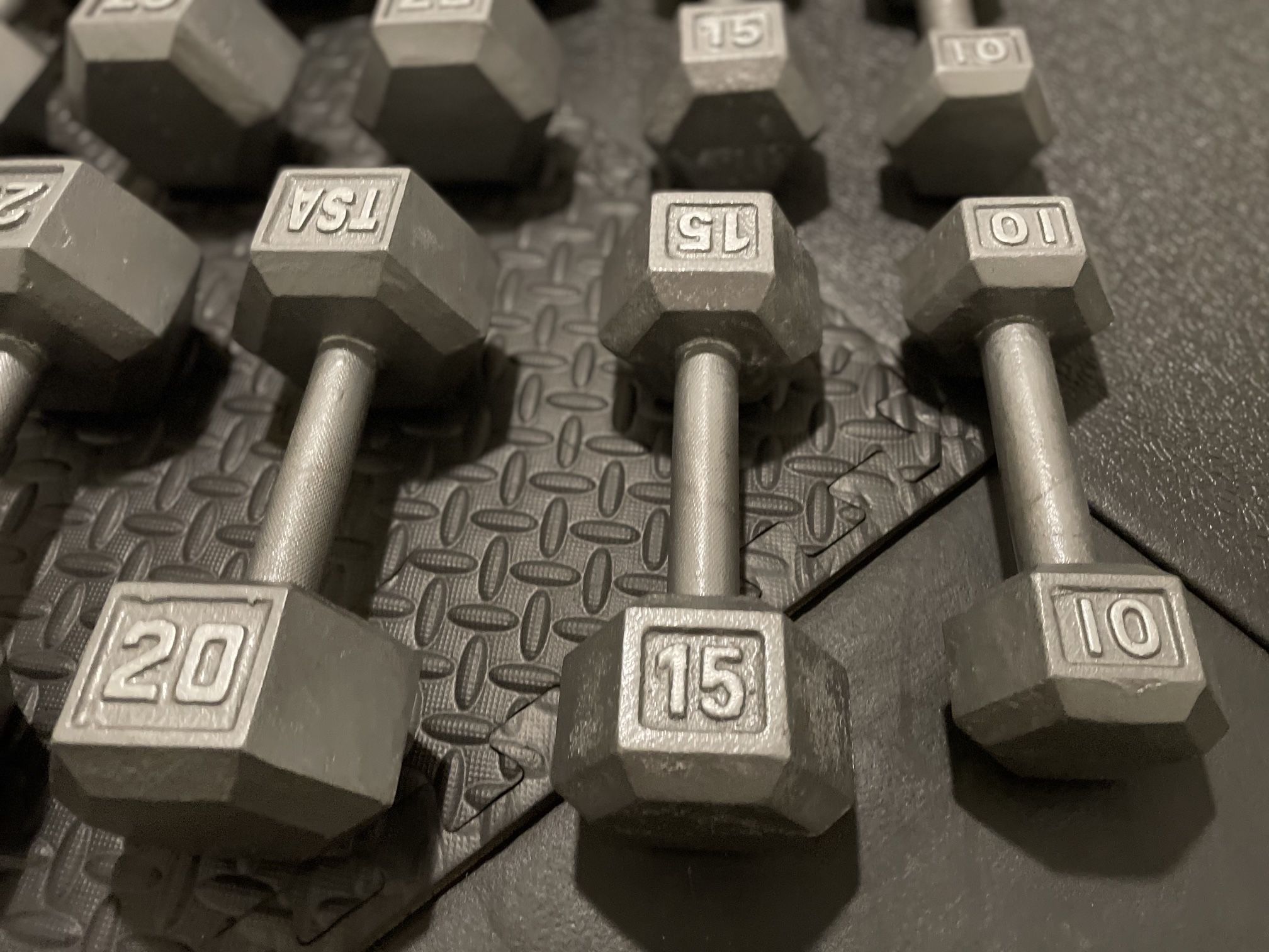 Set Of Cast Iron Hex Dumbbells From 10# To 45# Total Of 440 lbs Basically New