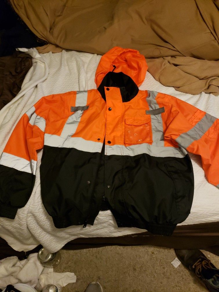 Road Emergency Jacket Orange and Black with Hood and Safety Reflective Strip
