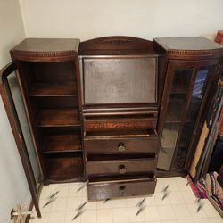 Desk With Glass  Enclosed Shelves. 4 Drawers