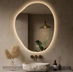 Price less than half retail Keonjinn Asymmetrical Bathroom Mirror with Lights 30 x 36 Inch, Irregular Lighted Bathroom Mirror with Tempered Glass, Ste