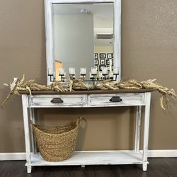 💙 Farmhouse entryway accent table mirror set white basket console entrance hall drawer