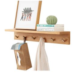 Wall Hooks with Shelf Oak Wood Coat Rack Shelf Wall Mounted, Entryway Shelves with 6 Metal Hangers for Clothes Hats Towel for Bathroom, Bedroom, Livin