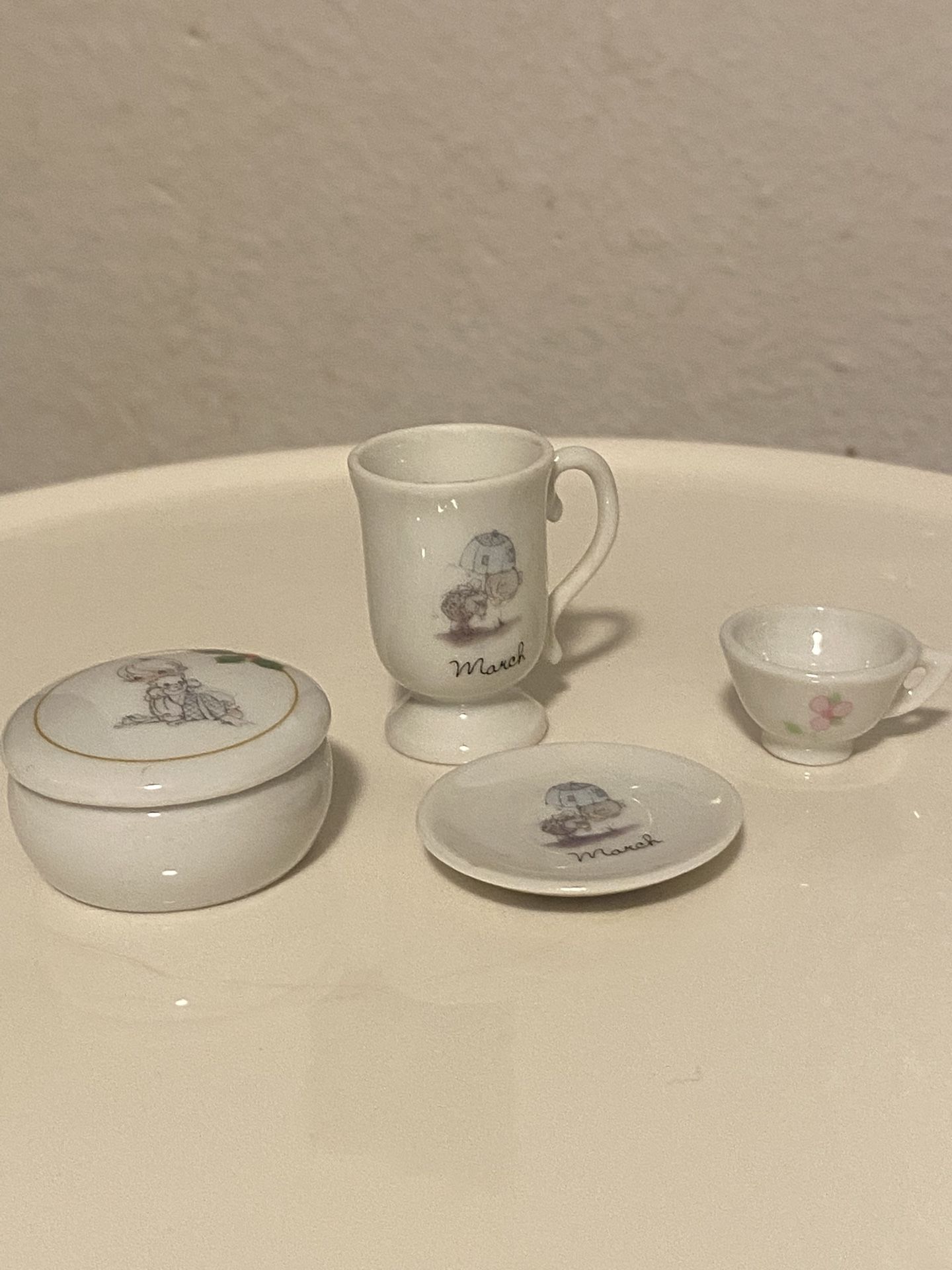 Precious Moments Miniature Cup Saucer, Larger Cup And Pillbox