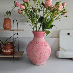 Pink Ceramic Vase Talavera Style, Made in Mexico