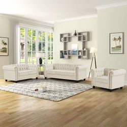 3 Piece Classic Chesterfield 6-Seater Set, Tufted Chair & Loveseat & Sofa Solid Wood Legs Thick Cushion, Pet-Friendly Couch Set Furniture for Living R