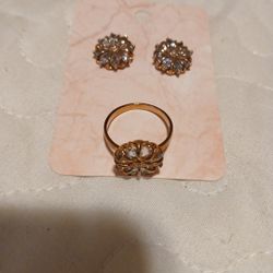 Set S925 Rose Gold Plated Blue Topaz Stud Earings Ring Size 7.5US