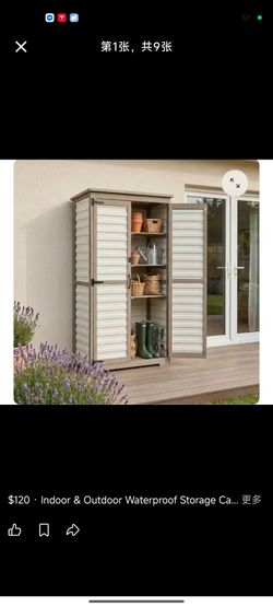 Outdoor Storage Cabinet with Shelves, Lockable Garden Shed, Wood & Plastic Weatherproof Outside Tool Cabinet for Patio, Backyard, Balcony White