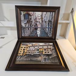 Pair of Framed Italian Cityscape Prints – Ponte Vecchio & Venice Canal (17.5" x 14.5")