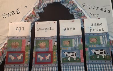 5-piece Curtain set, 1 Swag + 4 panels, cozy kitchen print, excellent cond.