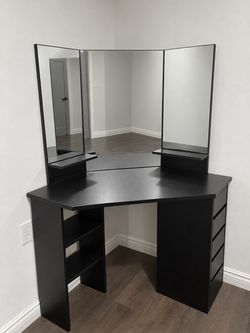 Black Corner Vanity Table with Tri-Fold Mirror