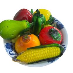 Murano Style Art Deco Vintage Glass fruit and veggie decor set in vintage Delft style bowl.