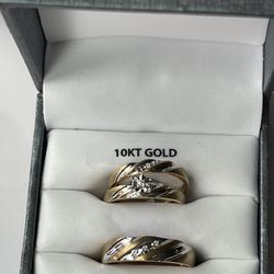  10K Gold Diamond Accent Trio Engagement Ring Bridal Set Womens and Mens Engagement Ring and Band Set