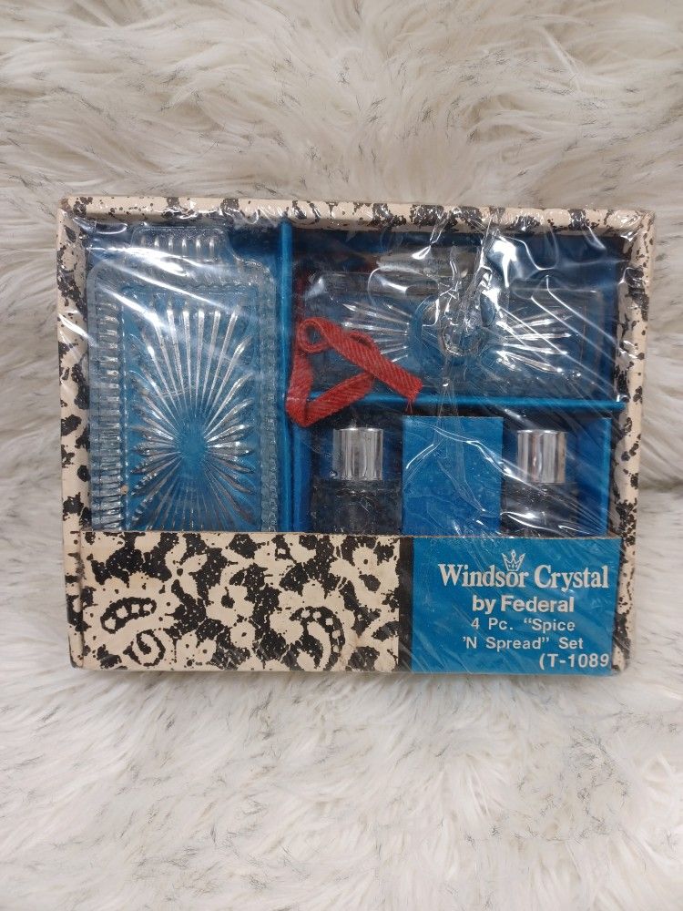 Vintage Federal Glass Windsor Crystal Butter Dish & Salt/Pepper Shakers - In Unopened Original Box