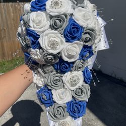 Flower Bouquet , White , Silver And Royal Blue