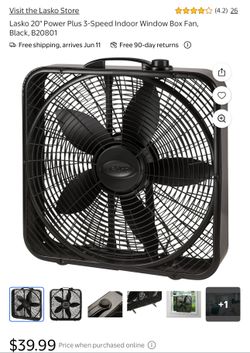 Lasko 20" Power Plus 3-Speed Indoor Window Box Fan, Black, B20801