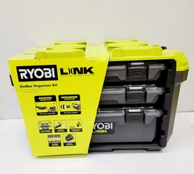 RYOBI LINK modular storage system includes one SlotBox receiver, two low-profile SlotBox organizers, and one medium SlotBox organizer. This impact-res