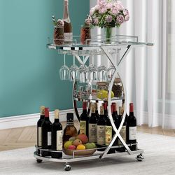 Silver Bar Cart with Wine Rack and Glass Holder, 3-Tier Home Bar Serving Cart with Tempered Glass