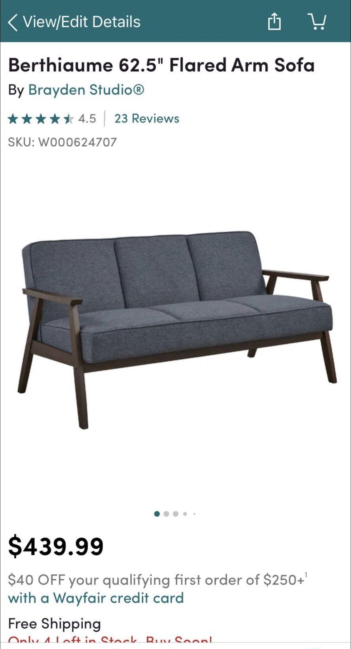 Never Used Berthiaume 62.5” Flared Arm Sofa
