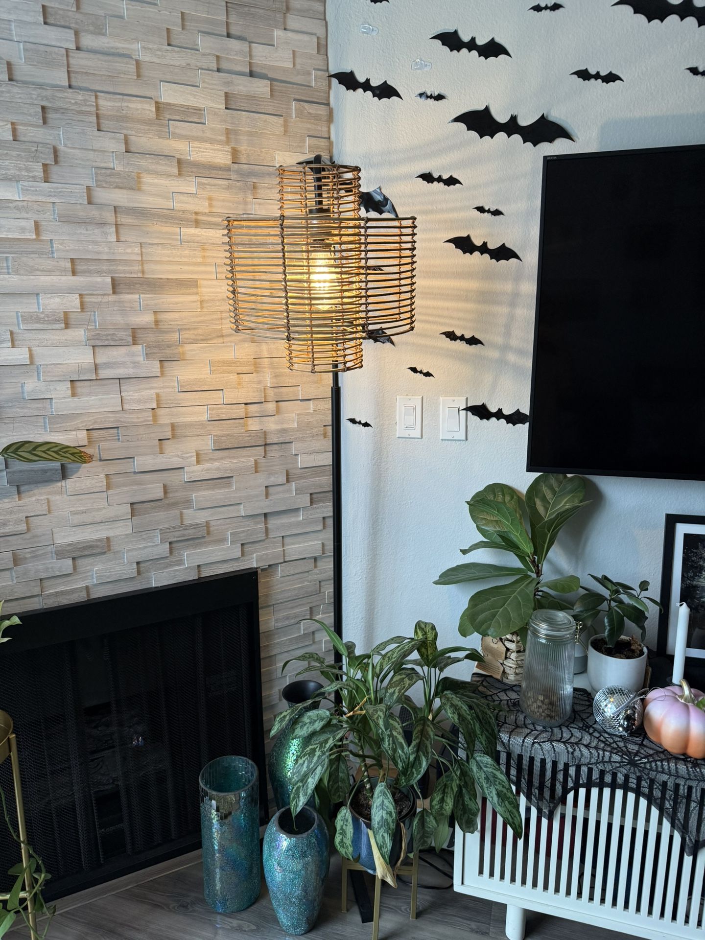 70" Hangover Floor Lamp with Woven Rattan Shade, Black