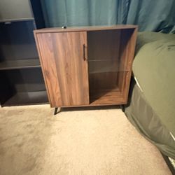 Excellent Condition, Dark Walnut Accent Table with Adjustable Glass Shelf and Storage Cabinet