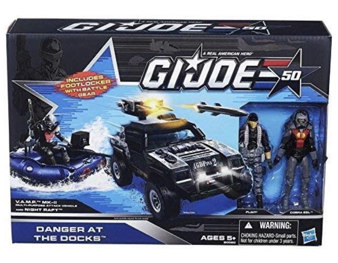 G.I. Joe 50th Anniversary Danger at the Docks Toys R Us Exclusive with Cobra Night Raft, VAMP Mark II Attack Vehicle (Grey & Black Camo Version), Fli
