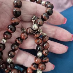 Heavy Sterling Silver Tigers Eye Beaded Necklace 