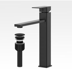 Bathroom Faucets, Matte Black Bathroom Faucet with Pop-up Drain and 2 Supply Hoses, Single Hole High Barrel Vanity Faucet for Vessel Sink, Single Hand