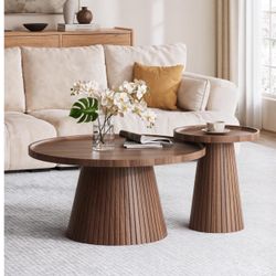 Nesting Coffee Table Set of 2, Mid Century Modern Coffee Table with Wood Grain Veneer, Fluted Round